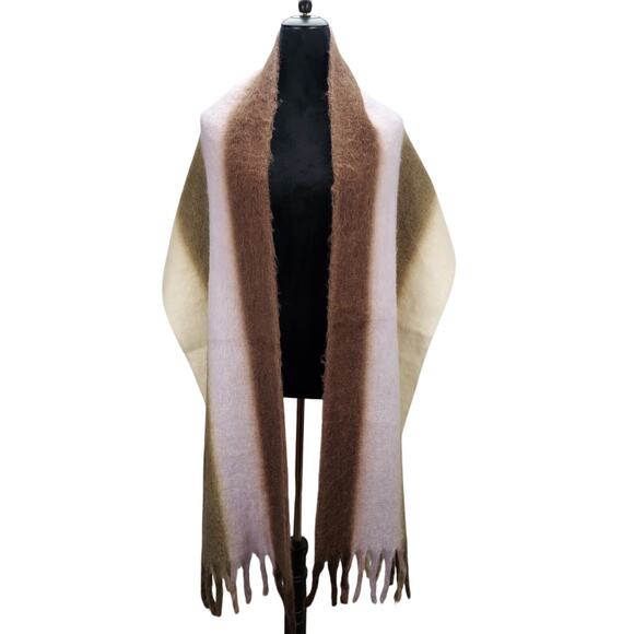 Anthropologie NEW Fuzzy Neutral Tones Blanket Scarf With Fringe 16"x84" - Picture 3 of 8